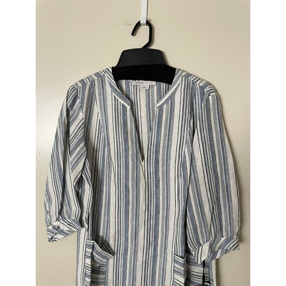 W by WORTH WOMENS Full length Blue White Striped Linen TUNIC V-NECK Size M - Picture 2 of 10